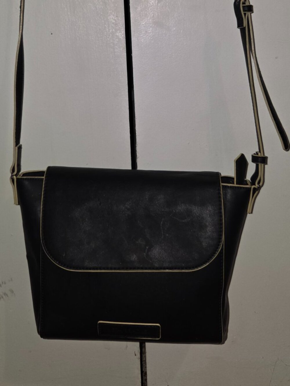 Vera Bradley Leather Crossbody Bag Black with Cream Trim Flap